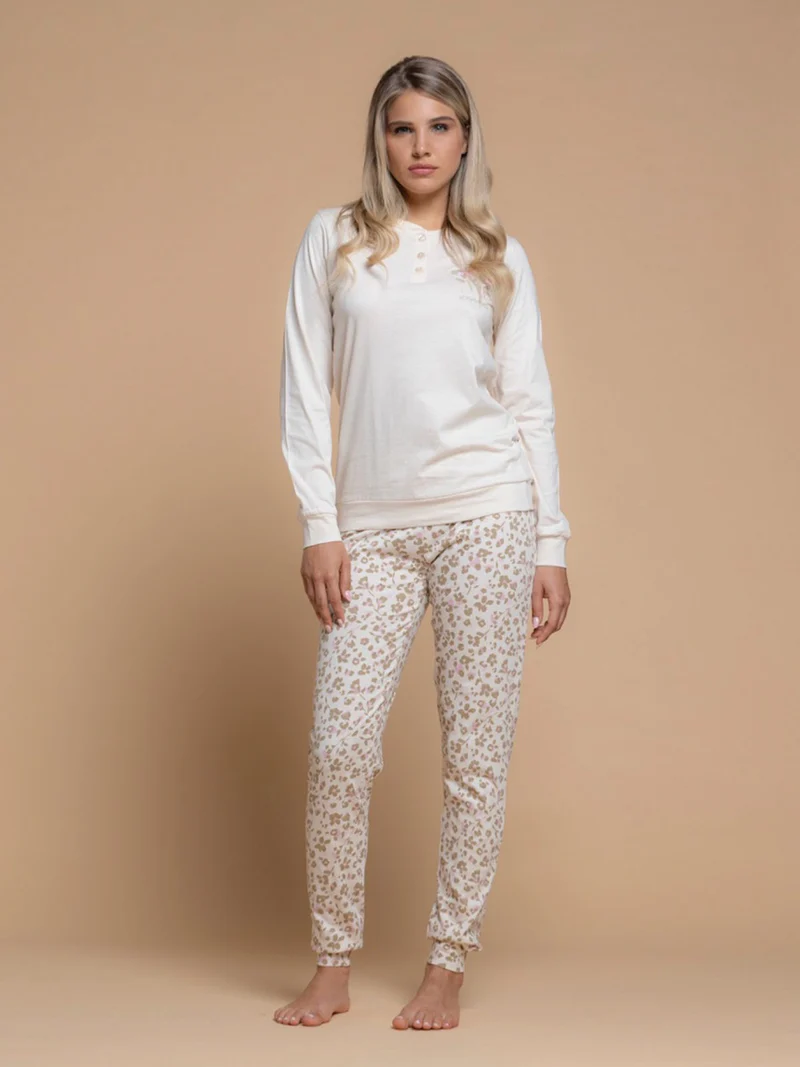 Pigiama lungo da donna in cotone con pantaloni maculati - beige