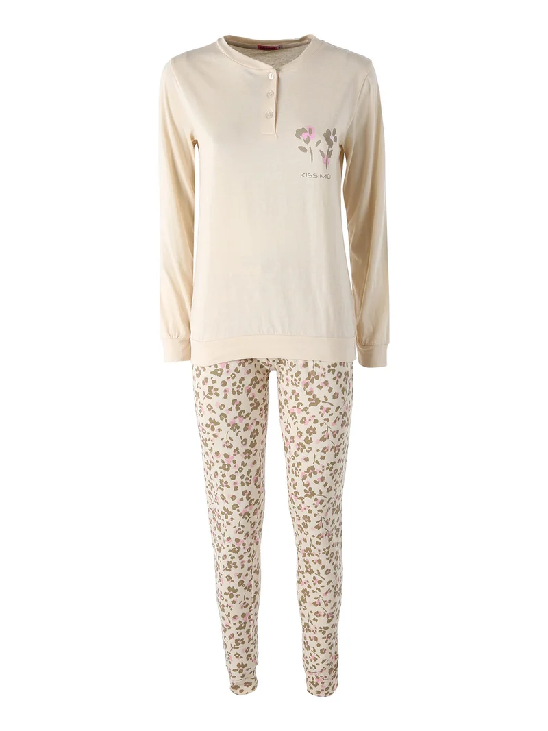 Pigiama lungo da donna in cotone con pantaloni maculati - beige