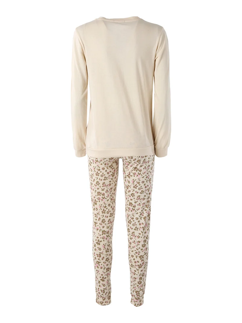 Pigiama lungo da donna in cotone con pantaloni maculati - beige