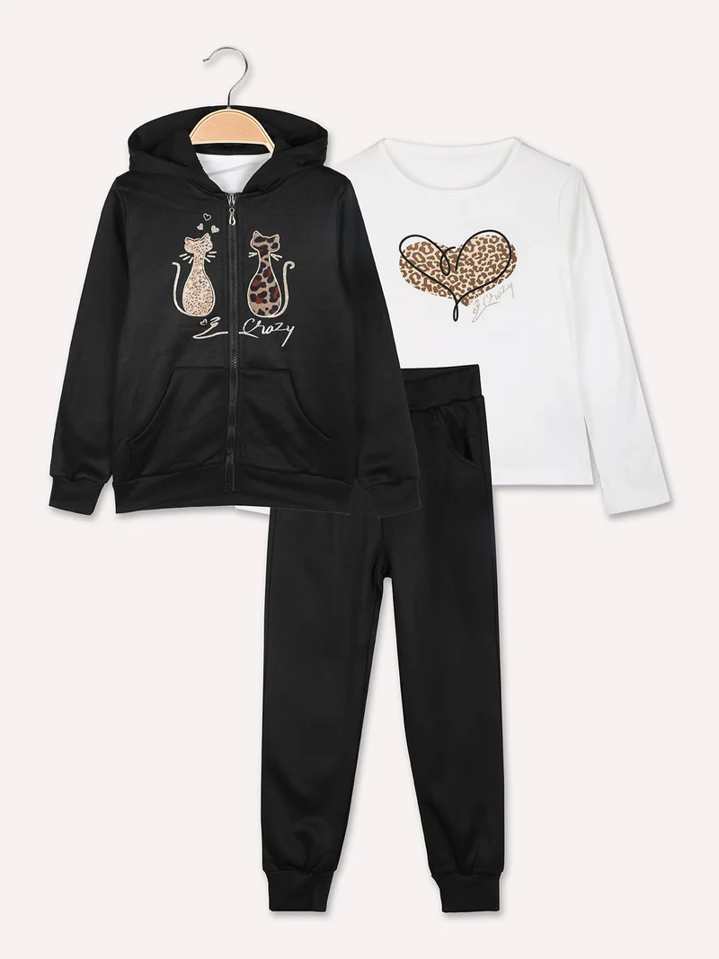 Completo tuta 3 pezzi da bambina con cappuccio e zip - nero
