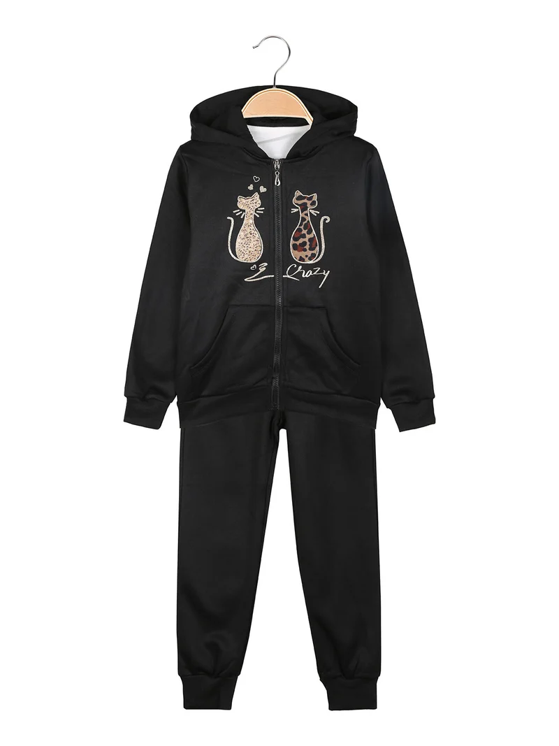 Completo tuta 3 pezzi da bambina con cappuccio e zip - nero