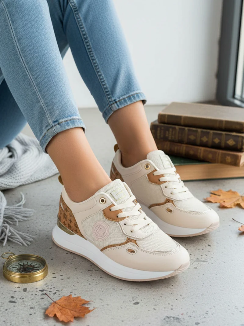 Sneakers casual da donna con platform - beige
