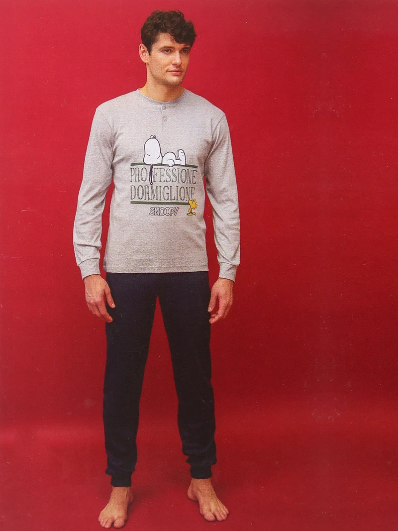 Pigiama lungo da uomo in cotone interlock con stampe - grigio chiaro
