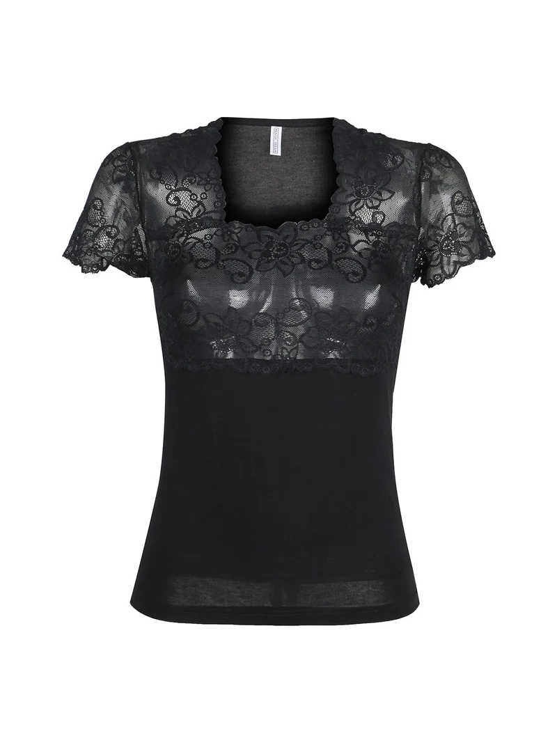 Maglia intima da donna a maniche corte con pizzo - nero