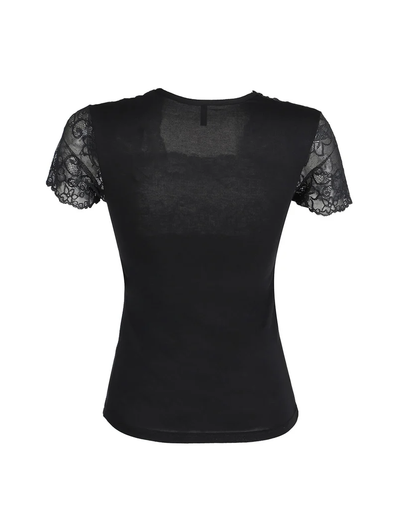 Maglia intima da donna a maniche corte con pizzo - nero