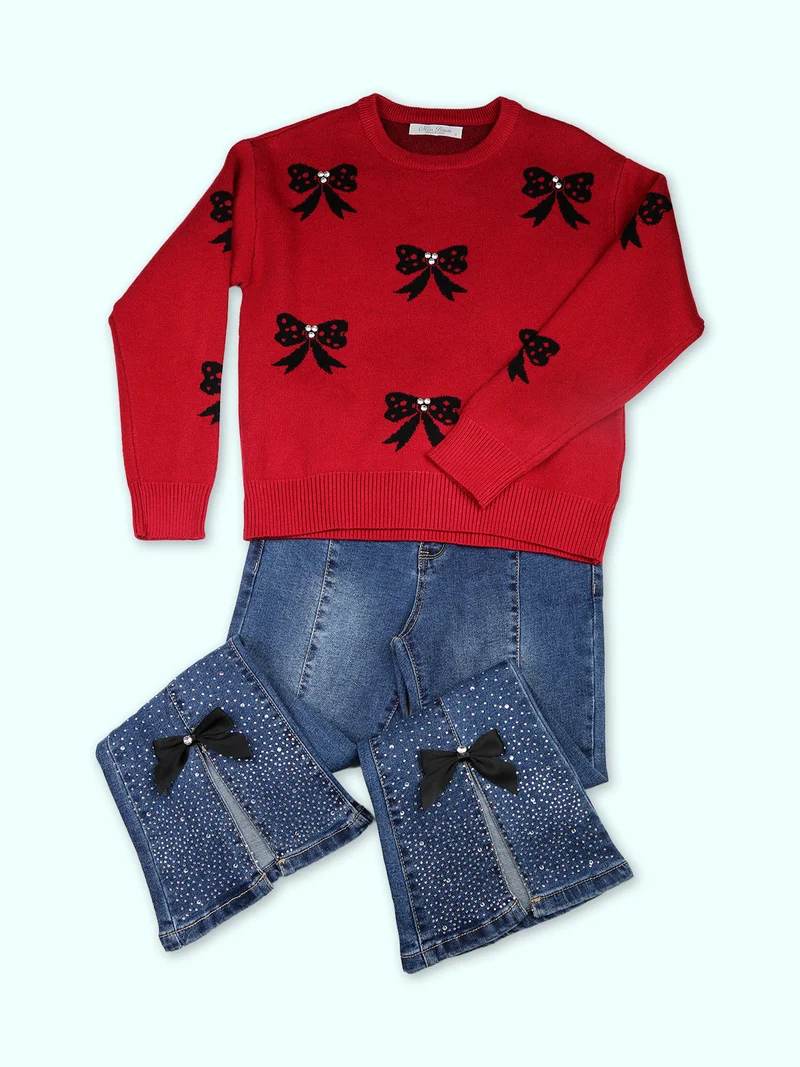 Maglione girocollo da bambina con strass - rosso