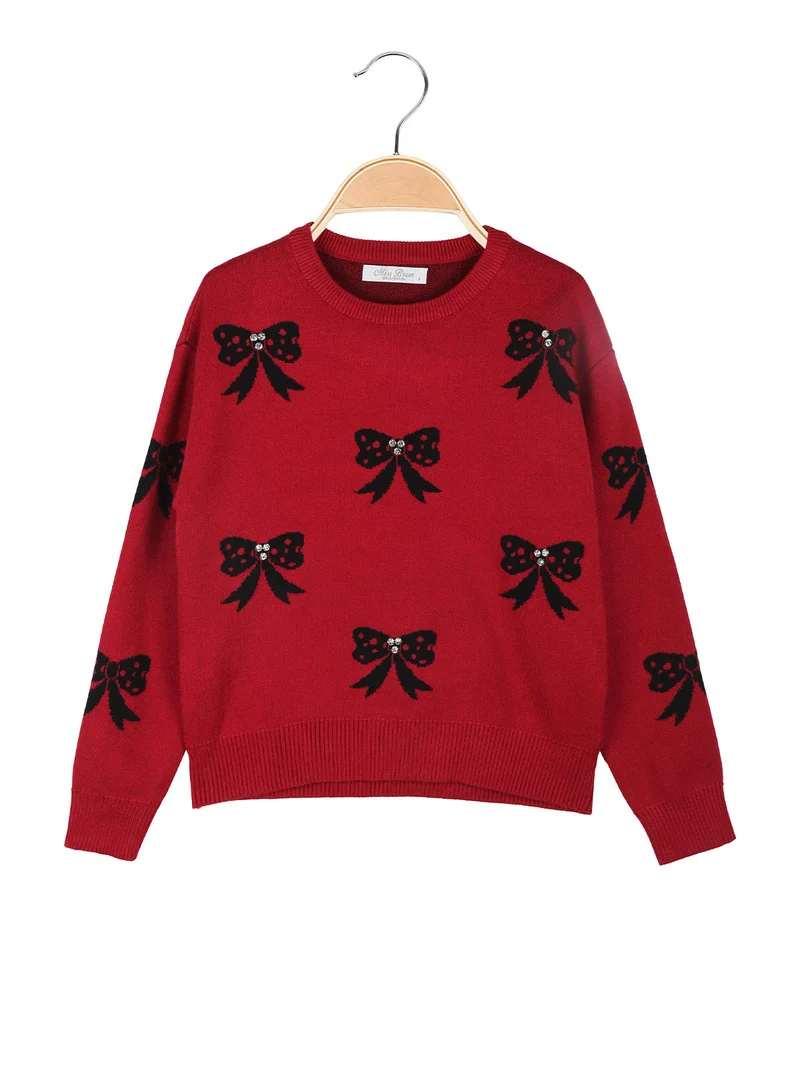 Maglione girocollo da bambina con strass - rosso