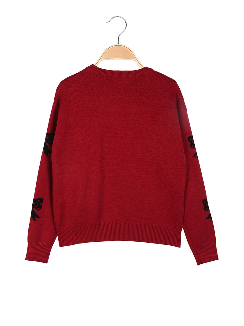 Maglione girocollo da bambina con strass - rosso