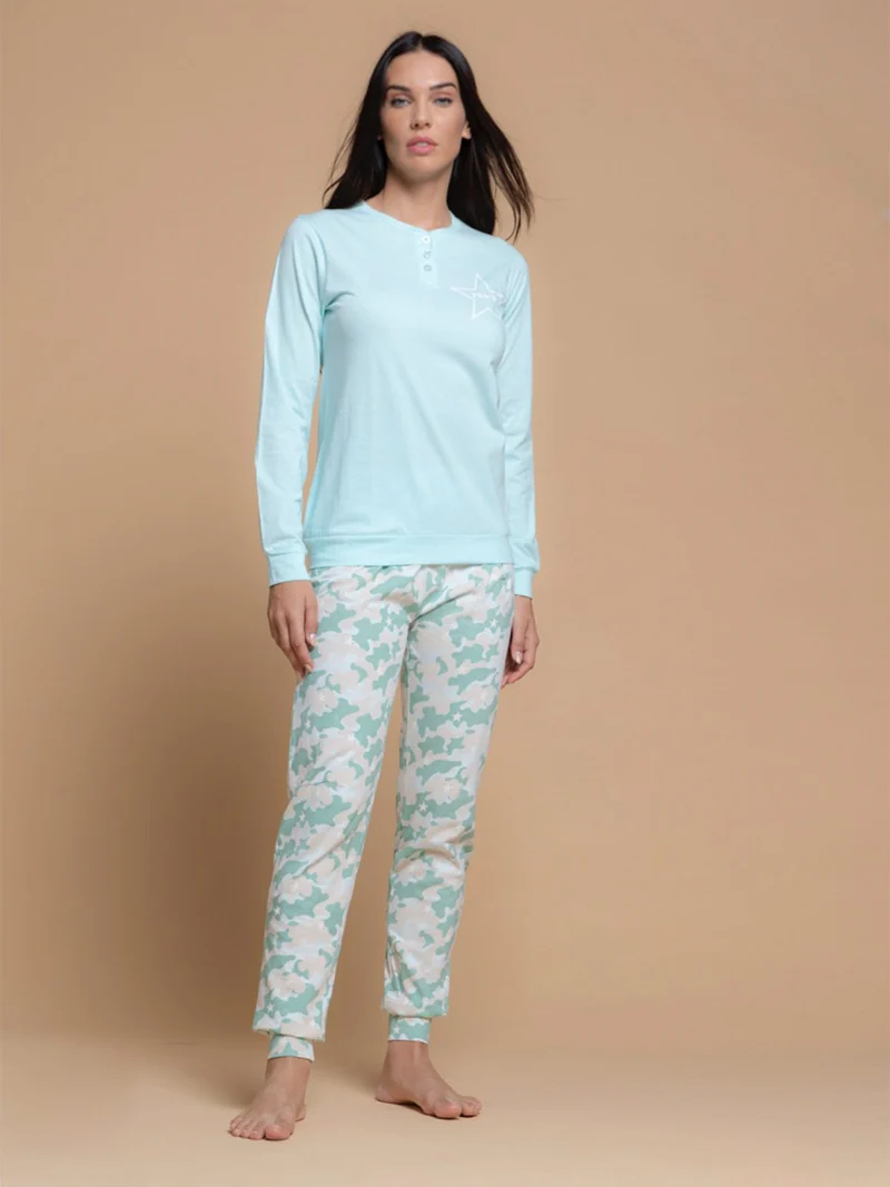 Pigiama lungo da donna in cotone - acqua marina