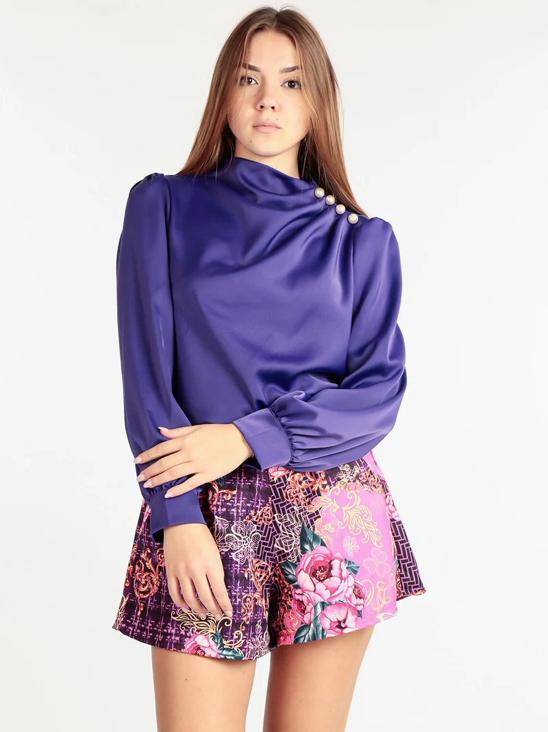 Blusa donna in raso con bottoni a perla - viola