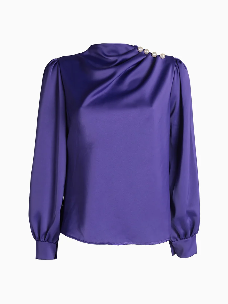Blusa donna in raso con bottoni a perla - viola