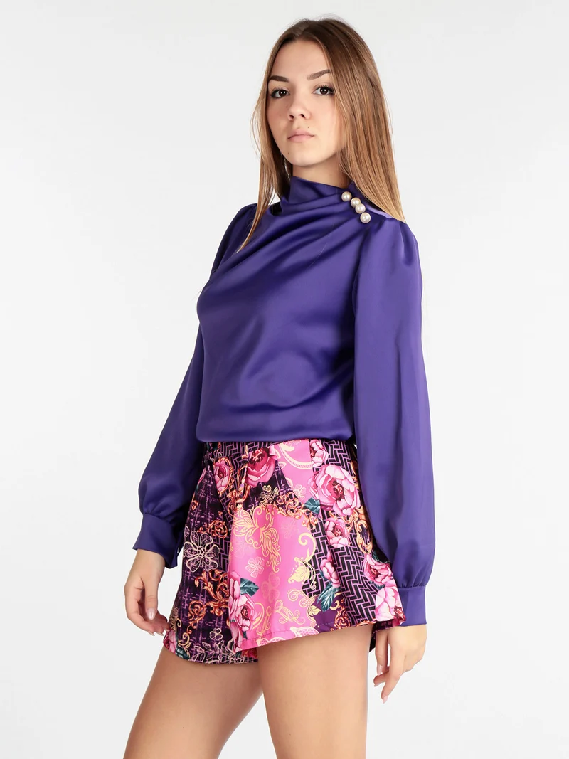 Blusa donna in raso con bottoni a perla - viola