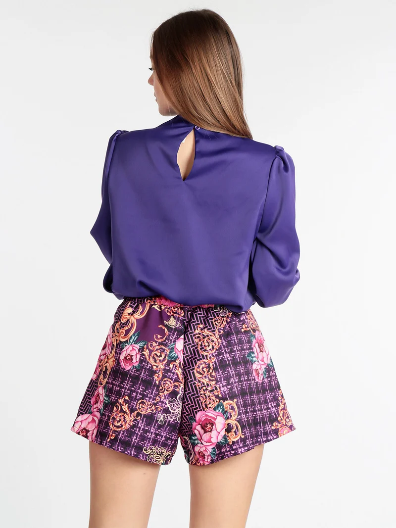 Blusa donna in raso con bottoni a perla - viola