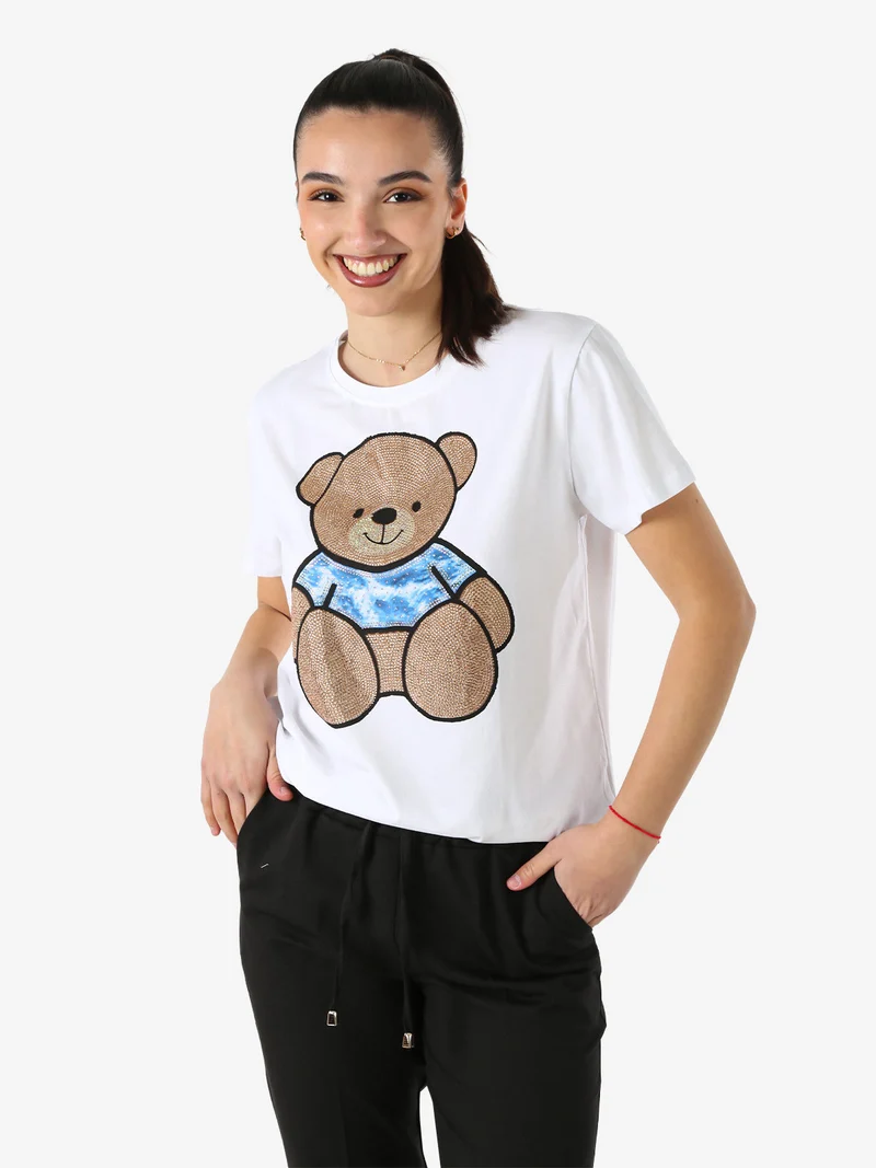 T-shirt donna orsacchiotto con strass - cammello