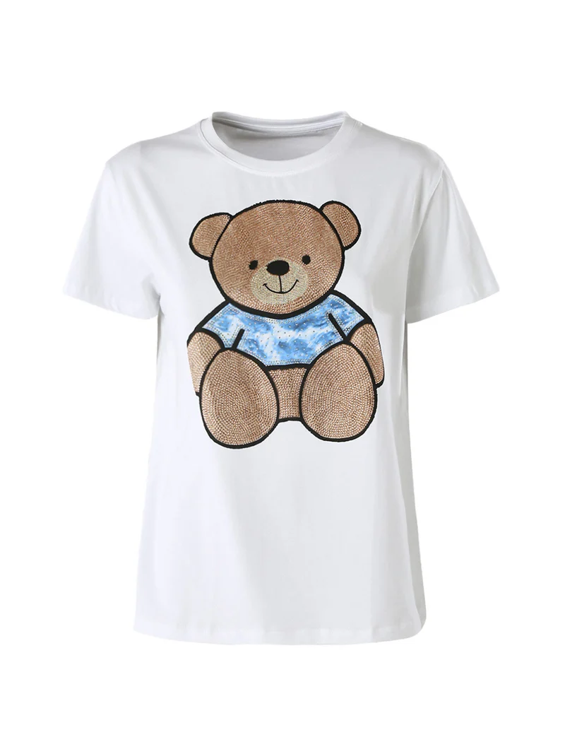 T-shirt donna orsacchiotto con strass - cammello