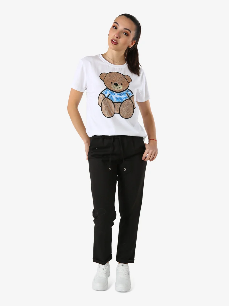 T-shirt donna orsacchiotto con strass - cammello