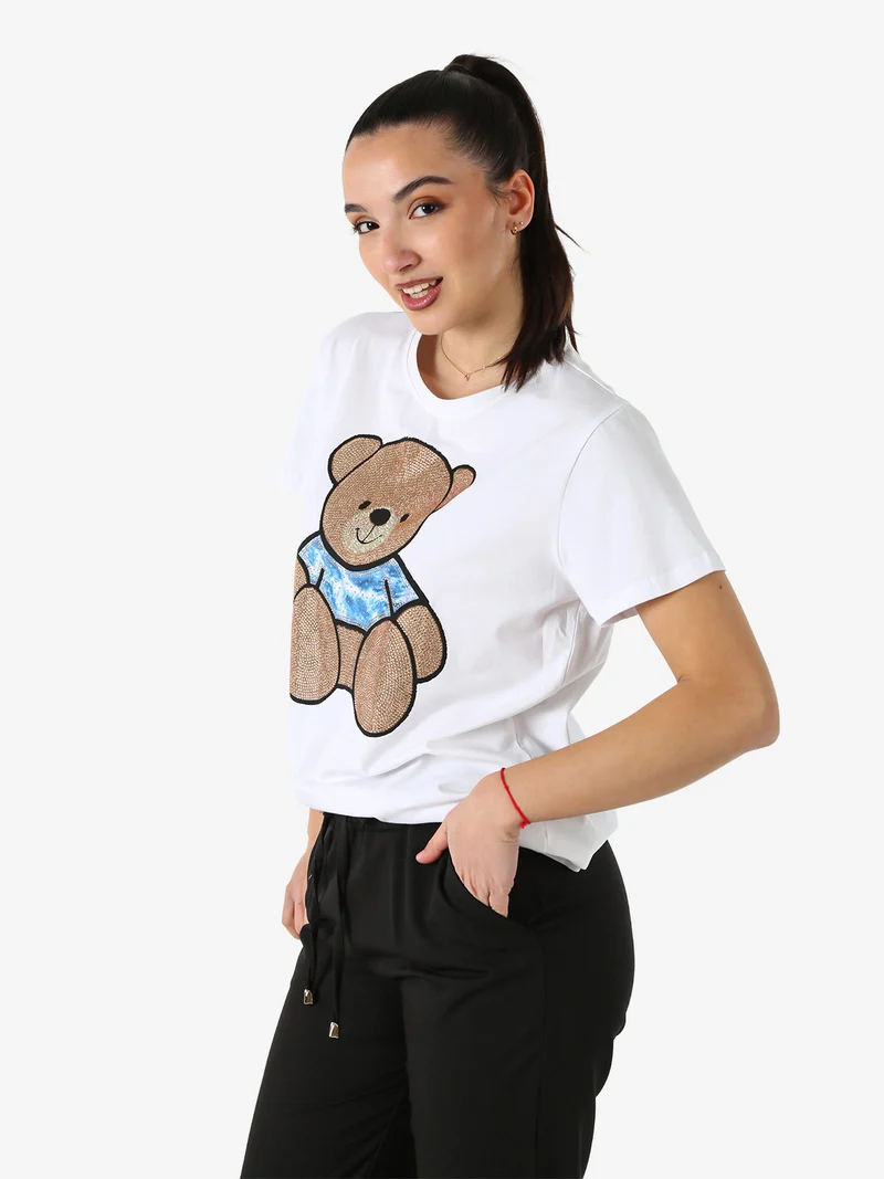 T-shirt donna orsacchiotto con strass - cammello