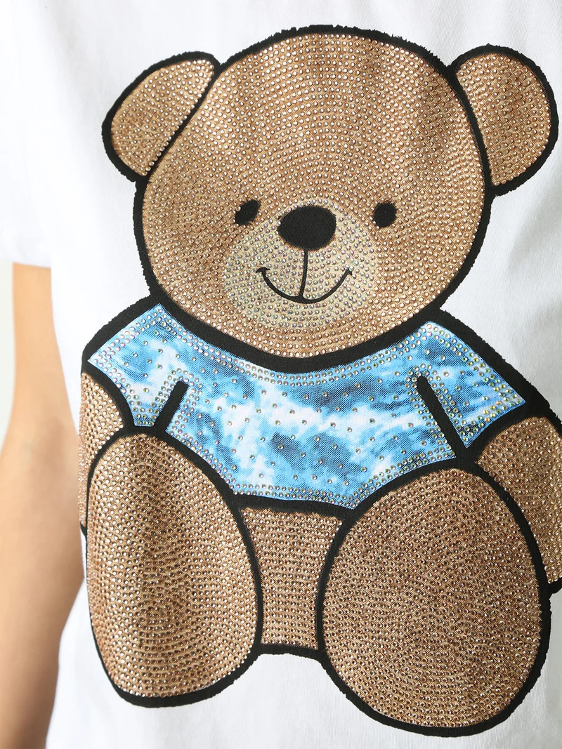 T-shirt donna orsacchiotto con strass - cammello