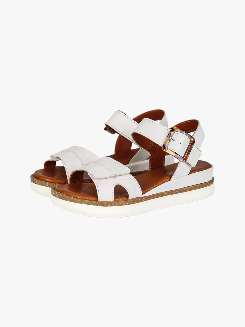 Sandali in pelle da donna con zeppa e cinturino con fibbia - bianco