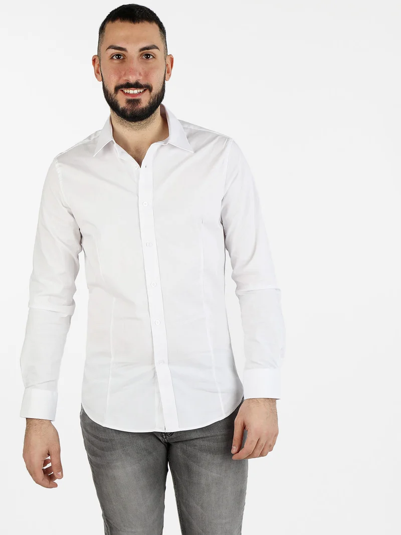 Camicia da uomo in misto cotone a maniche lunghe - bianco