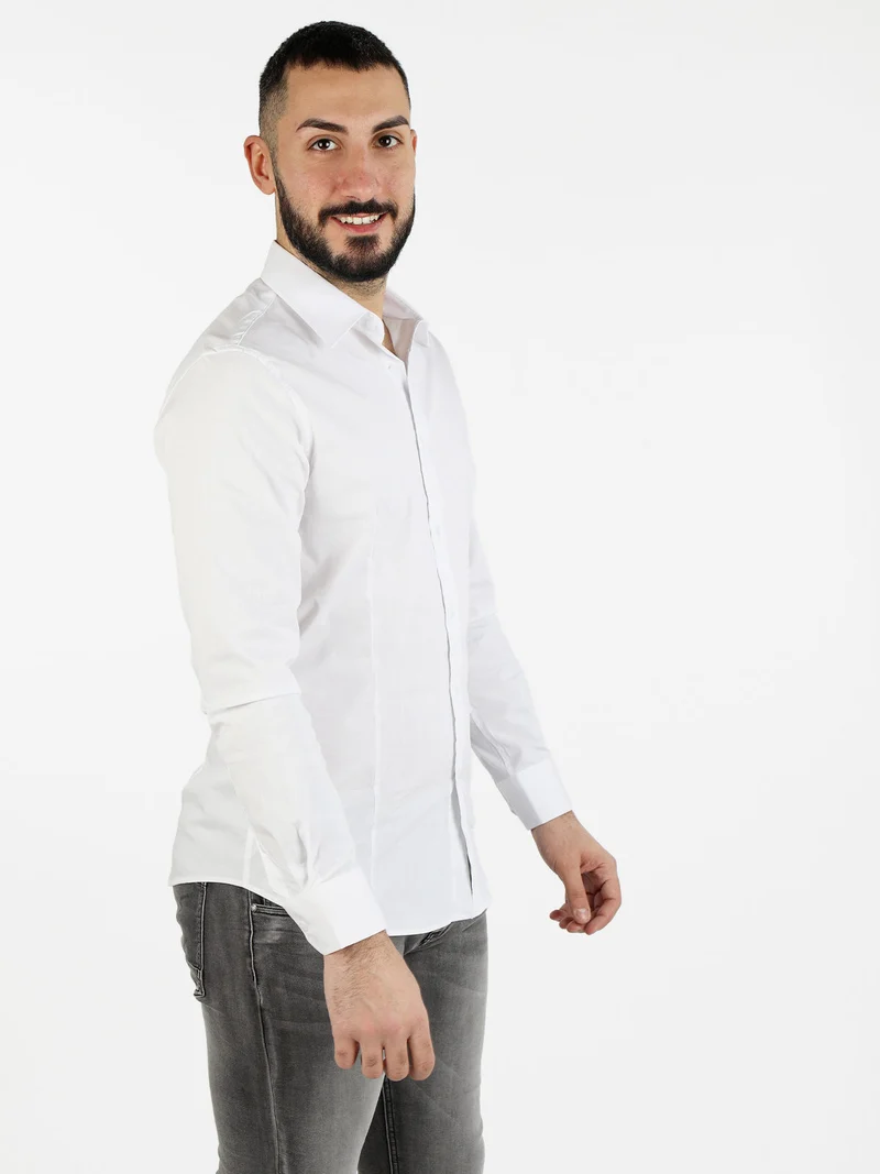 Camicia da uomo in misto cotone a maniche lunghe - bianco