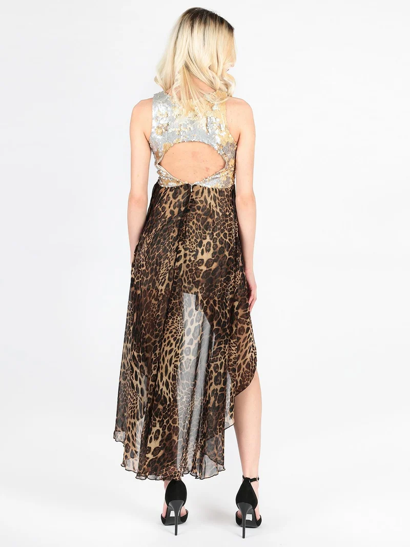 Vestito lungo sul retro con paillettes - marrone