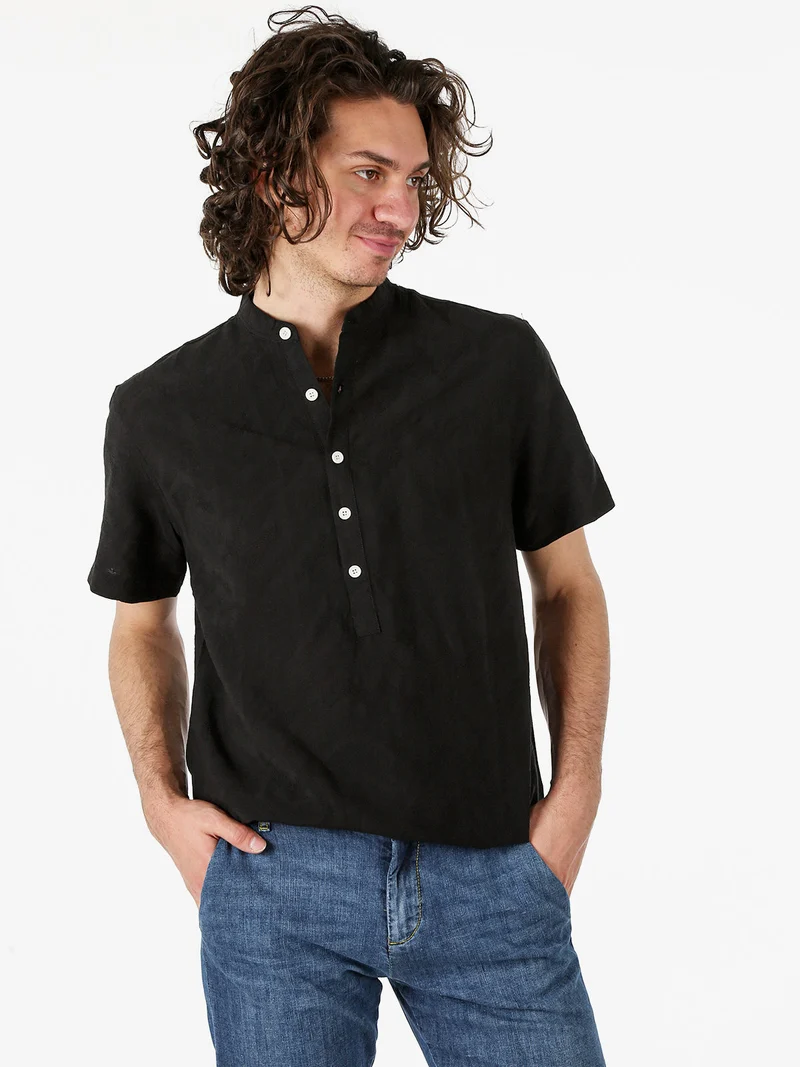 Camicia da uomo leggera a maniche corte con colletto alla coreana - nero