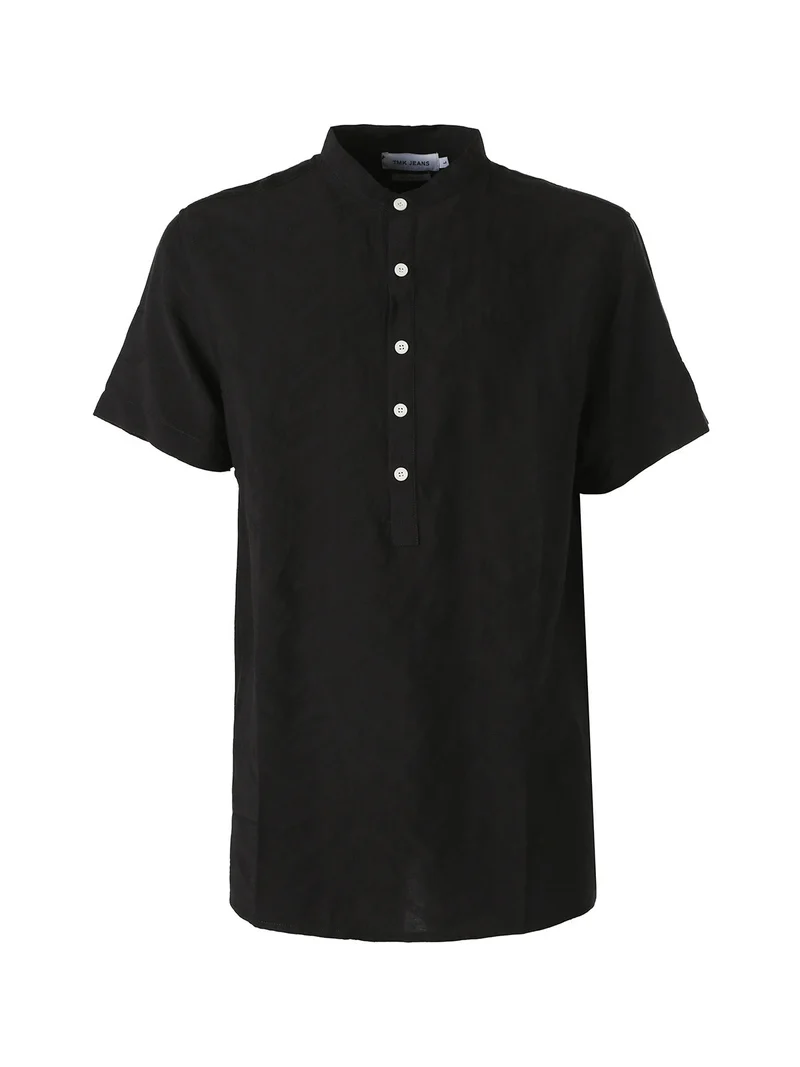 Camicia da uomo leggera a maniche corte con colletto alla coreana - nero
