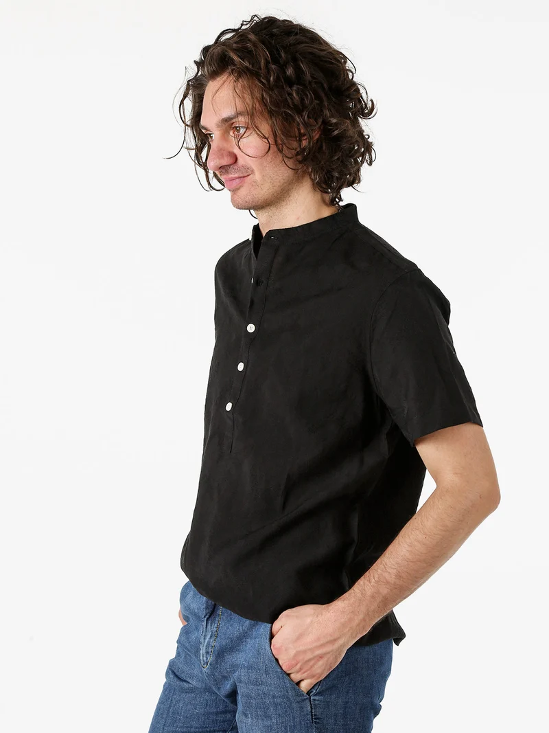 Camicia da uomo leggera a maniche corte con colletto alla coreana - nero