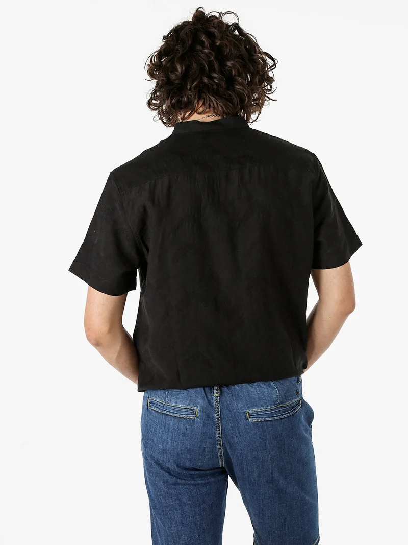 Camicia da uomo leggera a maniche corte con colletto alla coreana - nero