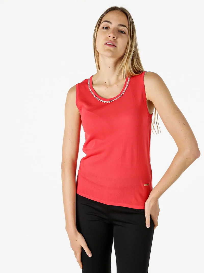 Top donna in maglia con applicazioni di strass - fragola