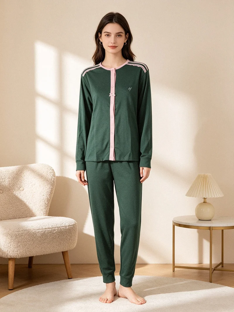 Pigiama donna in cotone con bottoni - verde