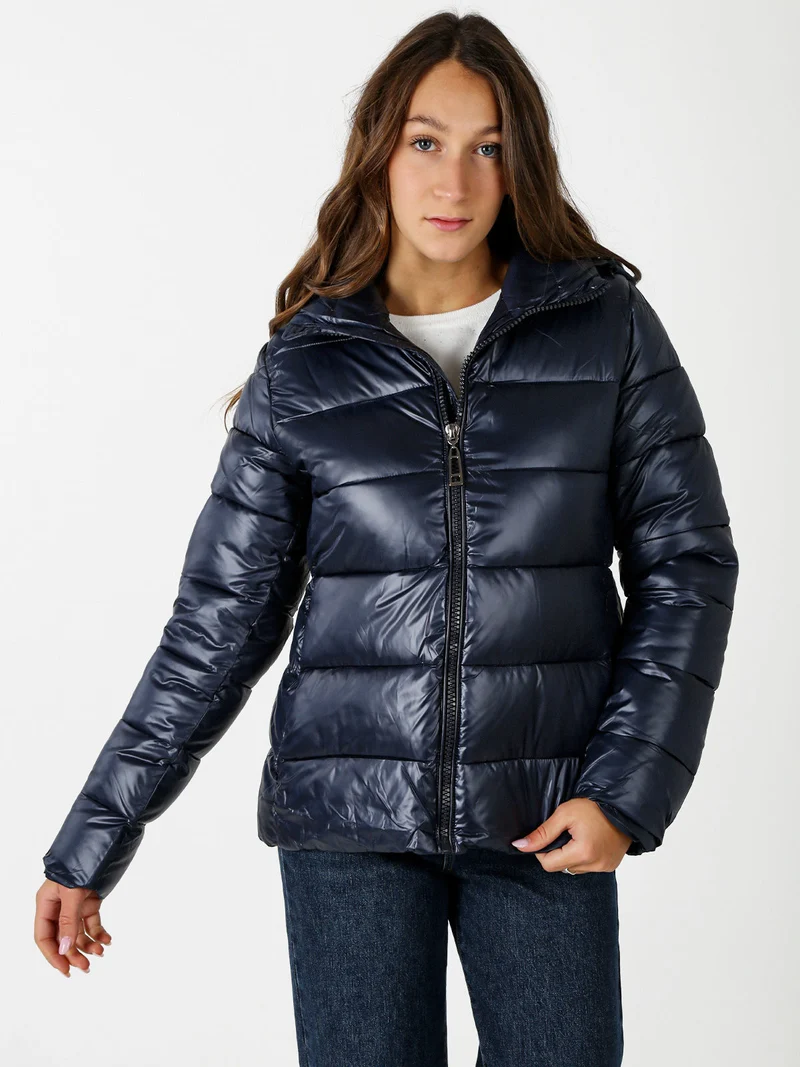 Giubbotto donna con cappuccio e zip - blu scuro