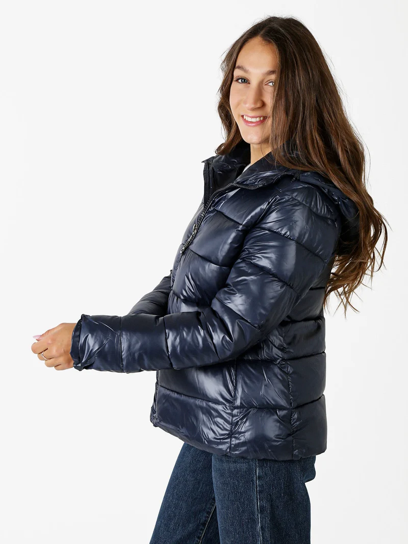 Giubbotto donna con cappuccio e zip - blu scuro