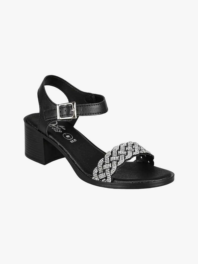 Sandali da donna con strass e tacco largo - nero