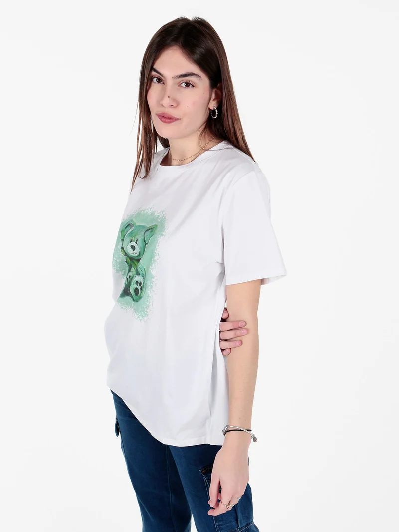 T-shirt donna oversize con stampa orsacchiotto - verde