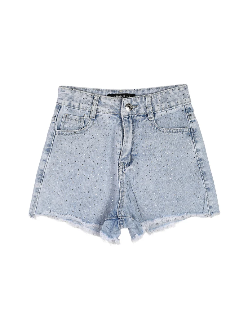 Shorts in jeans da bambina sfrangiati con micro borchie - ghiaccio