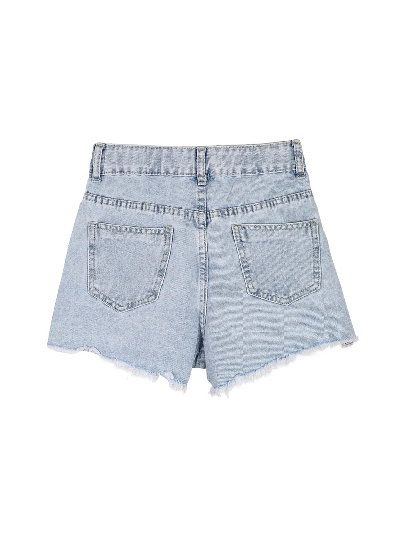 Shorts in jeans da bambina sfrangiati con micro borchie - ghiaccio
