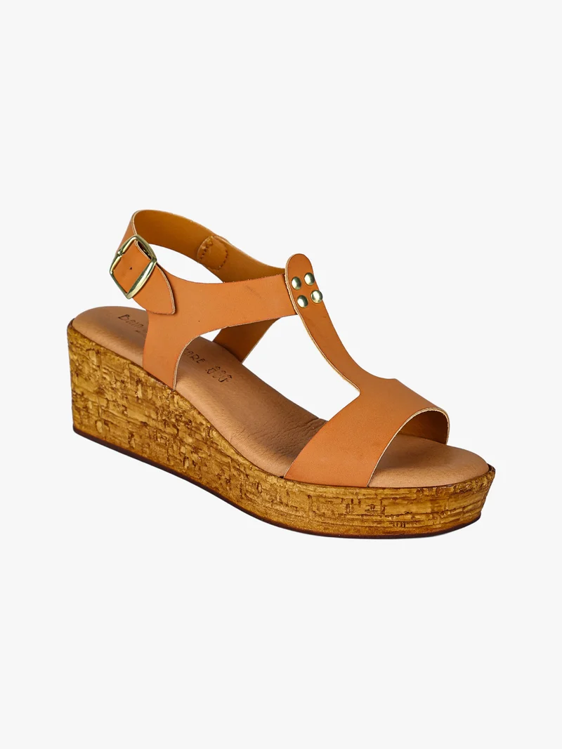 Sandali donna con zeppa e plateau e dettaglio borchie - cuoio