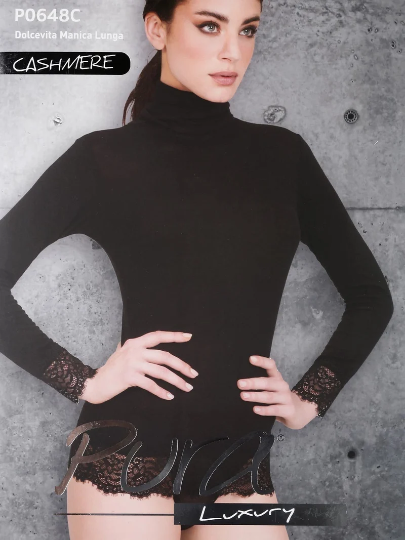 P0648C Dolcevita a manica lunga in cashmere - nero