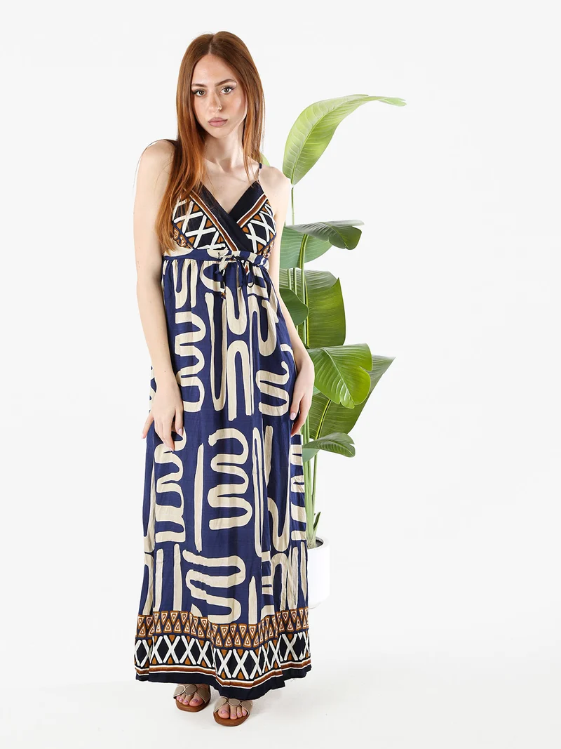 Abito lungo da donna in viscosa con stampe e spalline strette - blu