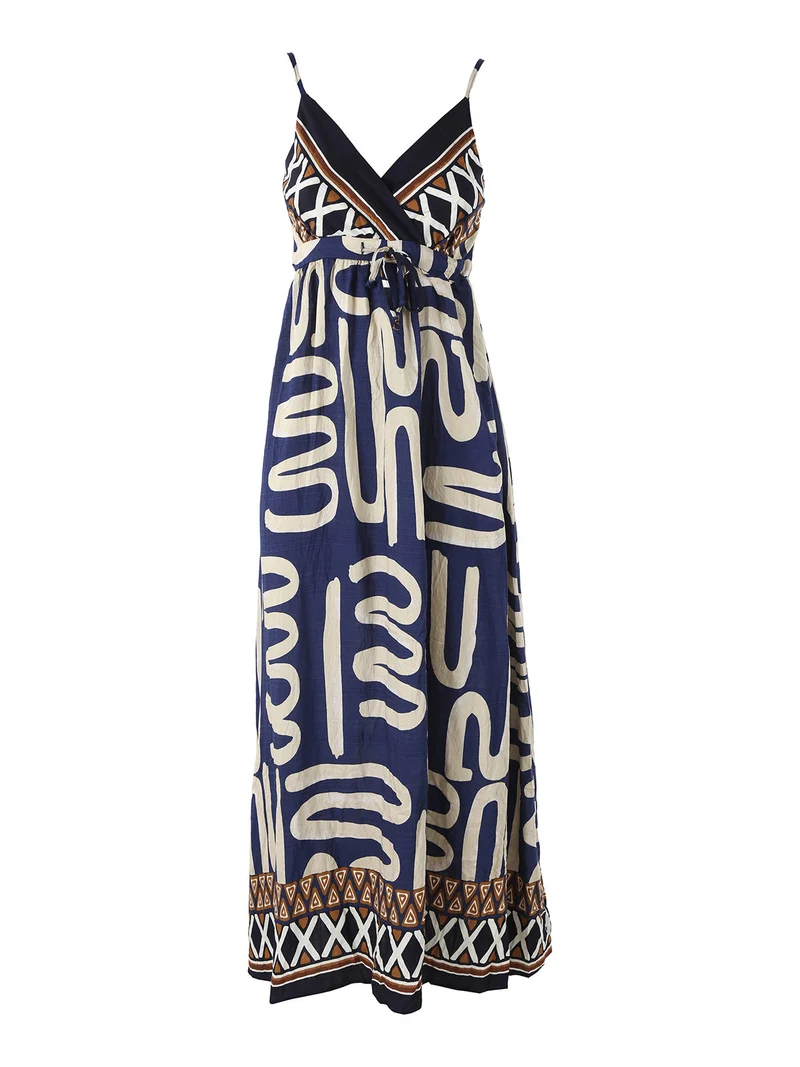 Abito lungo da donna in viscosa con stampe e spalline strette - blu