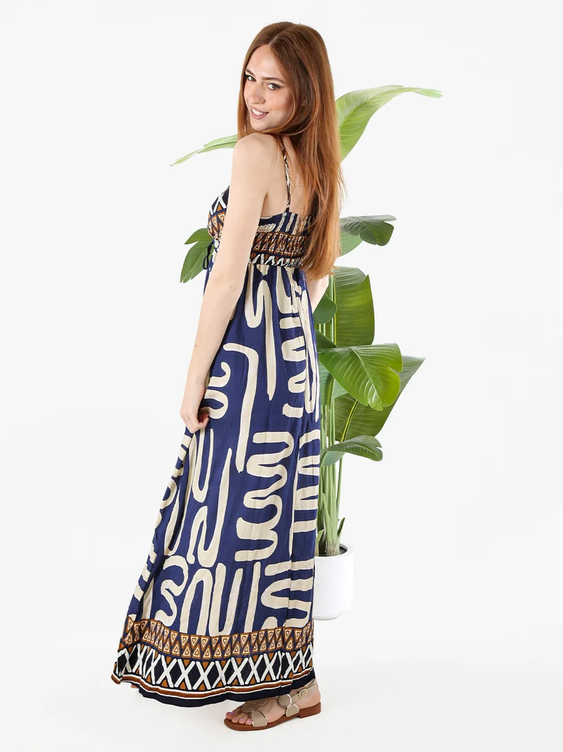 Abito lungo da donna in viscosa con stampe e spalline strette - blu