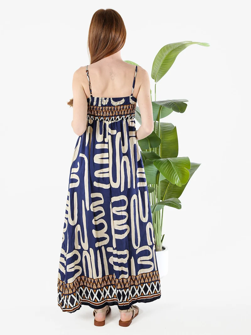 Abito lungo da donna in viscosa con stampe e spalline strette - blu