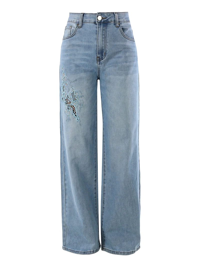Jeans donna a gamba dritta con ricamo e strass - jeans