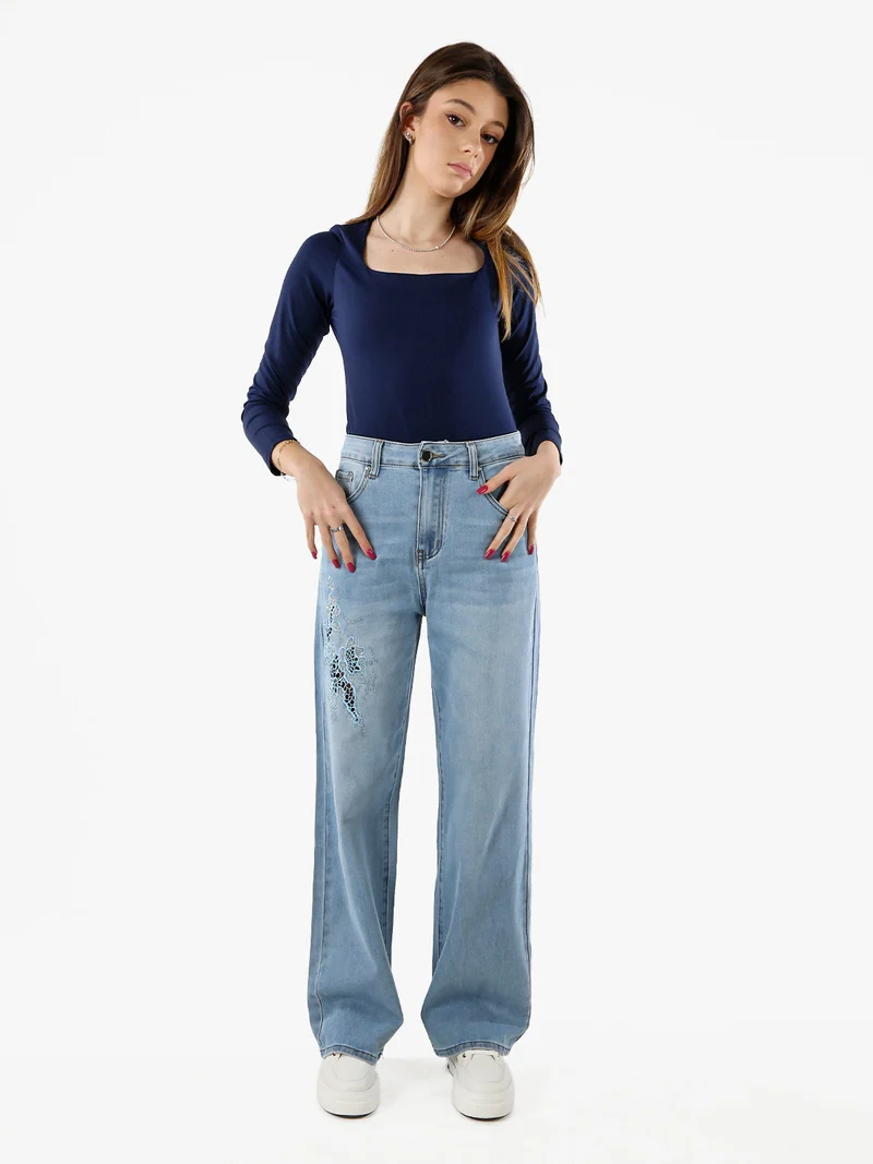 Jeans donna a gamba dritta con ricamo e strass - jeans