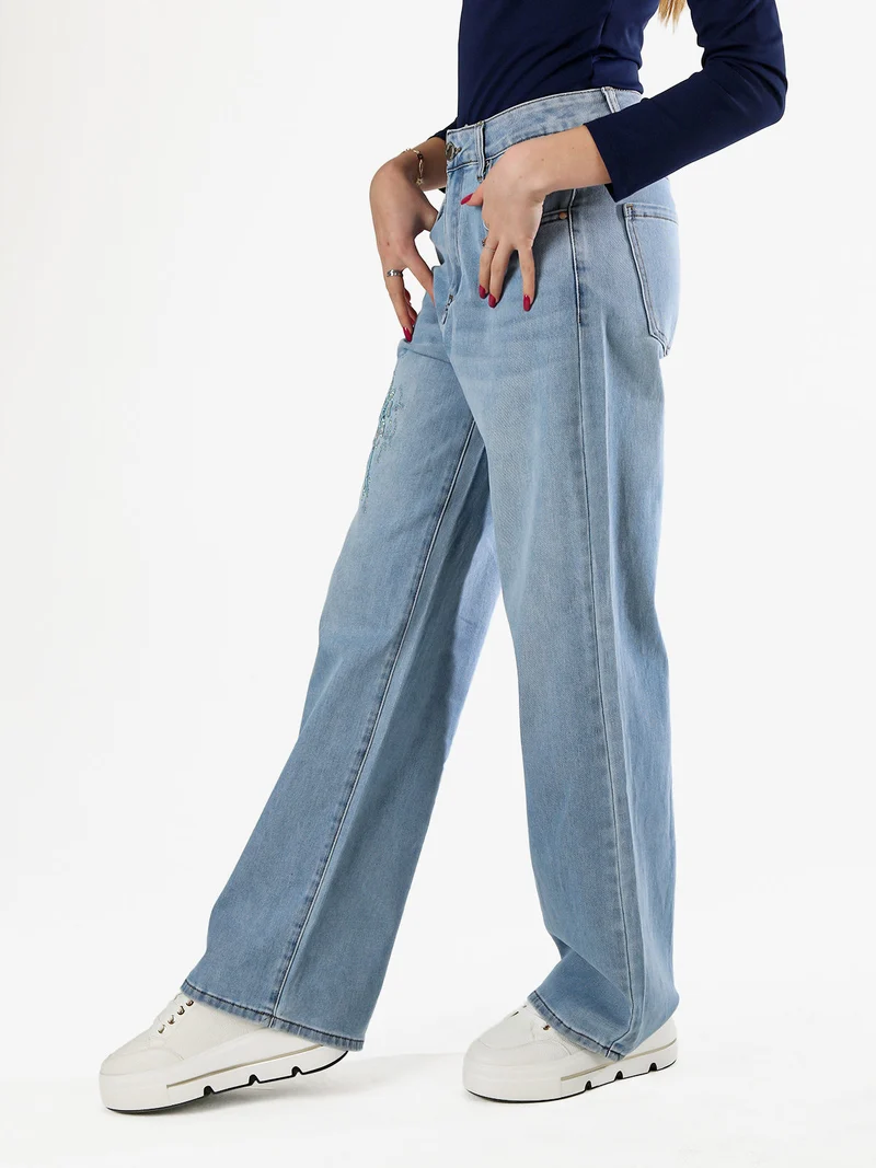 Jeans donna a gamba dritta con ricamo e strass - jeans