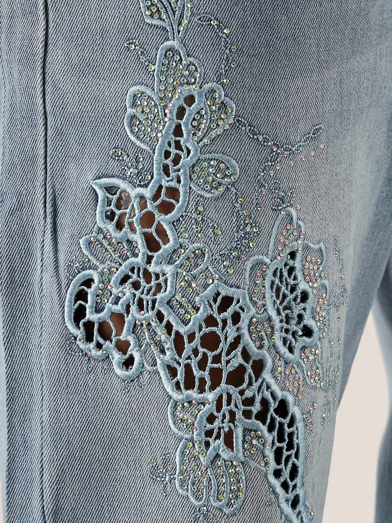 Jeans donna a gamba dritta con ricamo e strass - jeans