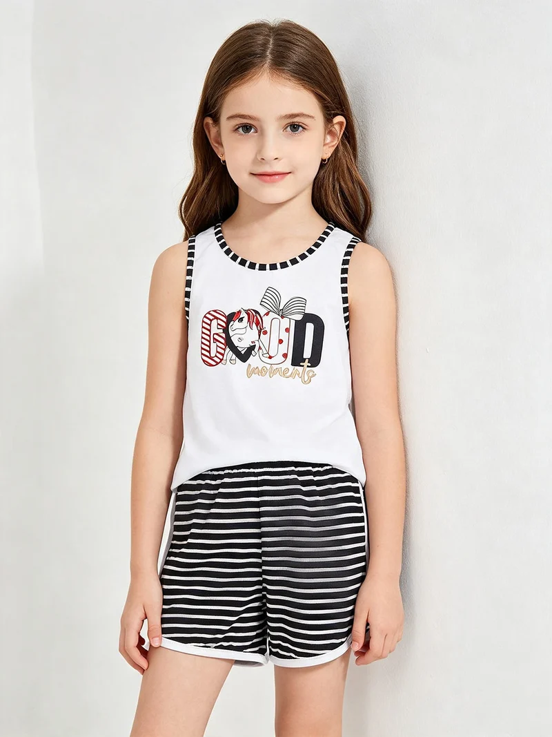 Completo corto da bambina con canotta e shorts rigati - bianco