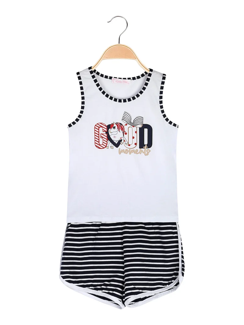 Completo corto da bambina con canotta e shorts rigati - bianco